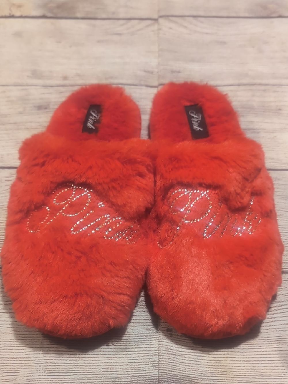 PINK Victoria's Secret Red Faux Fur Rhinestone Embellished Slippers Size M NWT